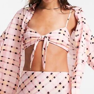 Top Shop Pink Plaid Bow Tie Top